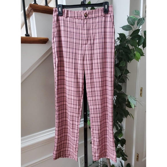 SheIn Womens Pink Plaid Polyester Slash Pockets Casual Straight Leg Pants Small - Picture 10 of 10